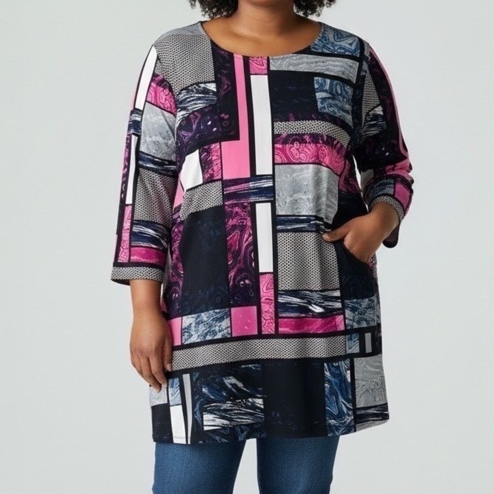 Style & Co Woman 1X Geometric Colorblock 3/4 Sleeve Tunic Dress Pink Black Blue